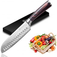 Santoku Knife - PAUDIN N5 7 Kitchen Knife, High carbon stainless steel Chef Knife, Super Sharp Multifunctional Chopping Knife for Meat Vegetable Fruit with Pakkawood Handle and Gif