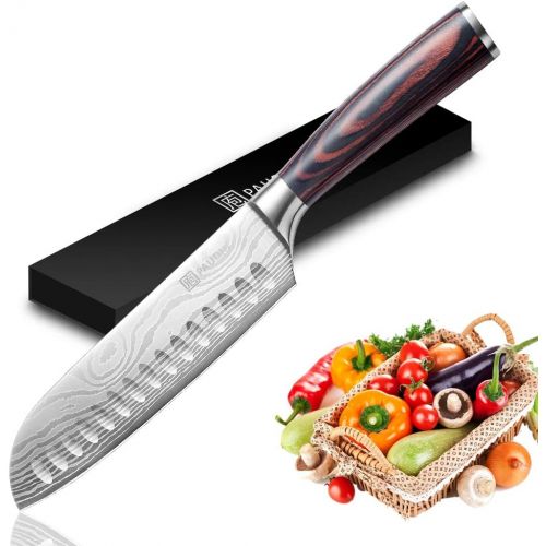  Santoku Knife - PAUDIN N5 7 Kitchen Knife, High carbon stainless steel Chef Knife, Super Sharp Multifunctional Chopping Knife for Meat Vegetable Fruit with Pakkawood Handle and Gif