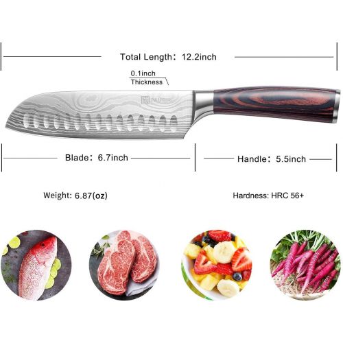  Santoku Knife - PAUDIN N5 7 Kitchen Knife, High carbon stainless steel Chef Knife, Super Sharp Multifunctional Chopping Knife for Meat Vegetable Fruit with Pakkawood Handle and Gif