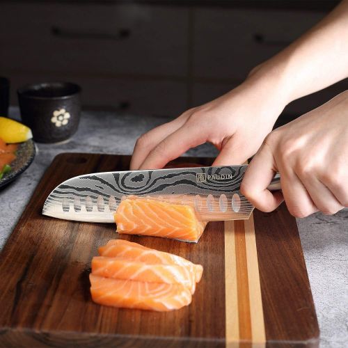  Santoku Knife - PAUDIN N5 7 Kitchen Knife, High carbon stainless steel Chef Knife, Super Sharp Multifunctional Chopping Knife for Meat Vegetable Fruit with Pakkawood Handle and Gif