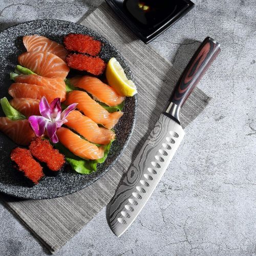  Santoku Knife - PAUDIN N5 7 Kitchen Knife, High carbon stainless steel Chef Knife, Super Sharp Multifunctional Chopping Knife for Meat Vegetable Fruit with Pakkawood Handle and Gif