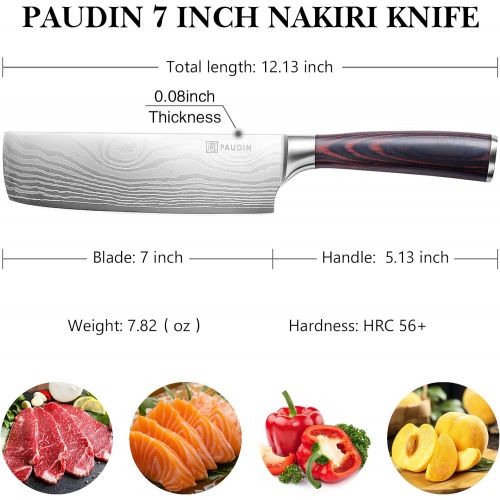  Nakiri Knife - PAUDIN Razor Sharp Meat Cleaver 7 inch High Carbon German Stainless Steel Vegetable Kitchen Knife, Multipurpose Asian Chef Knife for Home and Kitchen with Ergonomic