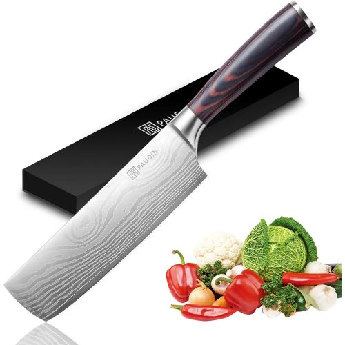  Nakiri Knife - PAUDIN Razor Sharp Meat Cleaver 7 inch High Carbon German Stainless Steel Vegetable Kitchen Knife, Multipurpose Asian Chef Knife for Home and Kitchen with Ergonomic