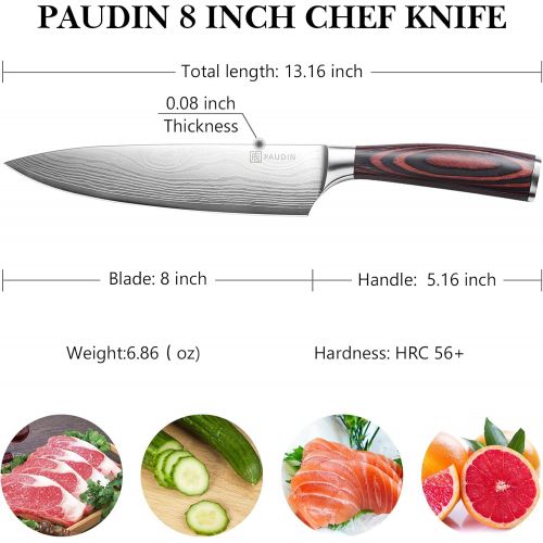  Chef Knife PAUDIN N1 8 inch Kitchen Knife, German High Carbon Stainless Steel Sharp Knife, Professional Meat Knife with Ergonomic Handle and Gift Box for Family & Restaurant