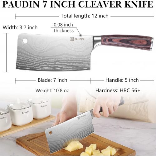  PAUDIN Cleaver Knife, Ultra Sharp Meat Cleaver 7 Inch, High Carbon Stainless Steel Butcher Knife with Forged Blade & Wooden Handle, Heavy Duty Chinese Cleaver for Meat Cutting Vege