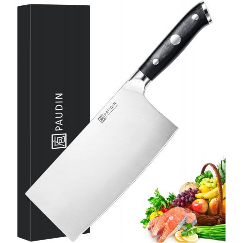  PAUDIN Cleaver Butcher Knife - 7 inch Ultra Sharp Kitchen Knife, Superior German Steel Forged Heavy Duty Chinese Vegetable Knife with Triple Rivet G10 Handle, Full Tang Chefs Knife