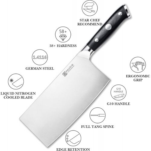  PAUDIN Cleaver Butcher Knife - 7 inch Ultra Sharp Kitchen Knife, Superior German Steel Forged Heavy Duty Chinese Vegetable Knife with Triple Rivet G10 Handle, Full Tang Chefs Knife