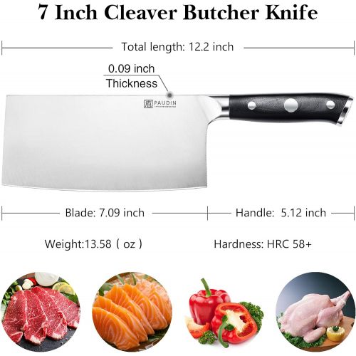  PAUDIN Cleaver Butcher Knife - 7 inch Ultra Sharp Kitchen Knife, Superior German Steel Forged Heavy Duty Chinese Vegetable Knife with Triple Rivet G10 Handle, Full Tang Chefs Knife