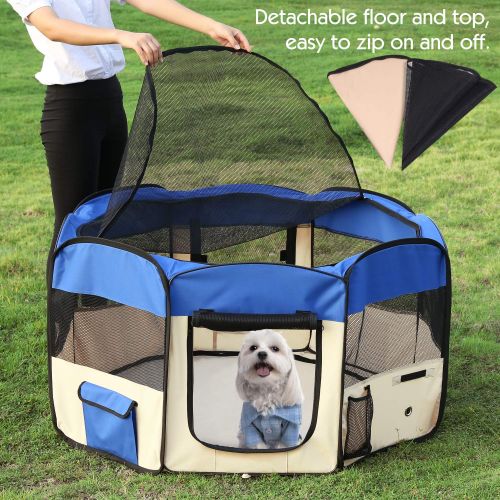  PAWABOO Dog Playpen, 49.2 x 22.8 Zipper Sealed Bottom Portable Foldable Soft Pet Playpen Tent Exercise Kennel for Puppy Cat Dog Crate with Carry Bag and Doors