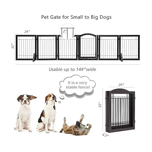  PAWLAND 144-inch Extra Wide 30-inches Tall Dog gate with Door Walk Through, Freestanding Wire Pet Gate for The House, Doorway, Stairs, Pet Puppy Safety Fence, Support Feet Included, Espresso,6 Panels