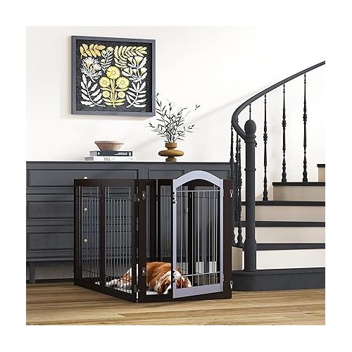  PAWLAND 144-inch Extra Wide 30-inches Tall Dog gate with Door Walk Through, Freestanding Wire Pet Gate for The House, Doorway, Stairs, Pet Puppy Safety Fence, Support Feet Included, Espresso,6 Panels