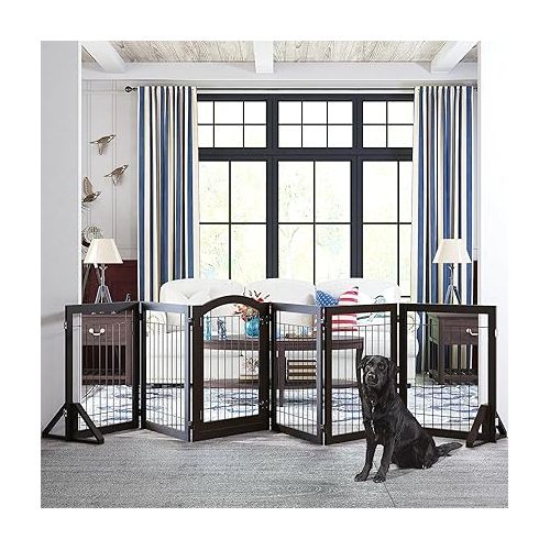  PAWLAND 144-inch Extra Wide 30-inches Tall Dog gate with Door Walk Through, Freestanding Wire Pet Gate for The House, Doorway, Stairs, Pet Puppy Safety Fence, Support Feet Included, Espresso,6 Panels