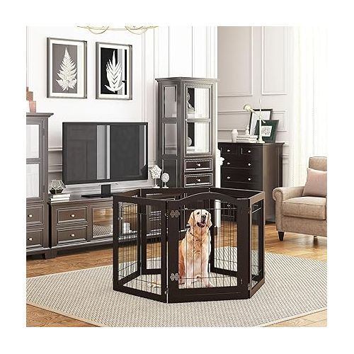  PAWLAND 144-inch Extra Wide 30-inches Tall Dog gate with Door Walk Through, Freestanding Wire Pet Gate for The House, Doorway, Stairs, Pet Puppy Safety Fence, Support Feet Included, Espresso,6 Panels