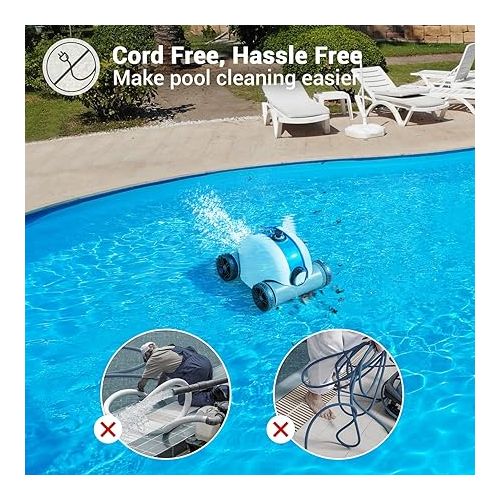  Cordless Robotic Pool Cleaner, Automatic Pool Vacuum with 60-90 Mins Working Time, Rechargeable Battery, IPX8 Waterproof for Above/In-Ground Swimming Pools Up to 861 Sq Ft