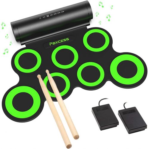  [아마존베스트]PAXCESS Electronic Drum Set, Roll Up Drum Practice Pad Midi Drum Kit with Headphone Jack Built-in Speaker Drum Pedals Drum Sticks 10 Hours Playtime, Great Holiday Birthday Gift for