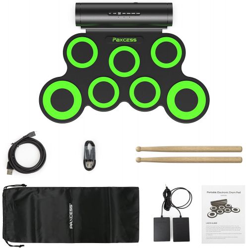  [아마존베스트]PAXCESS Electronic Drum Set, Roll Up Drum Practice Pad Midi Drum Kit with Headphone Jack Built-in Speaker Drum Pedals Drum Sticks 10 Hours Playtime, Great Holiday Birthday Gift for