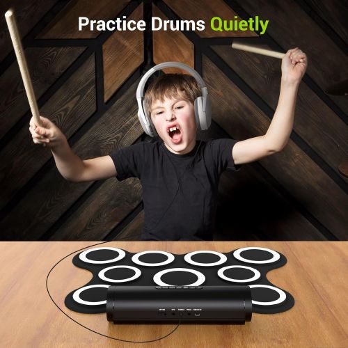  [아마존베스트]PAXCESS 9 Pads Electronic Drum Set, Electric Drum Set with Headphone Jack, Built in Speaker and Battery, Drum Stick, Foot Pedals, Best Gift for Christmas Holiday Birthday