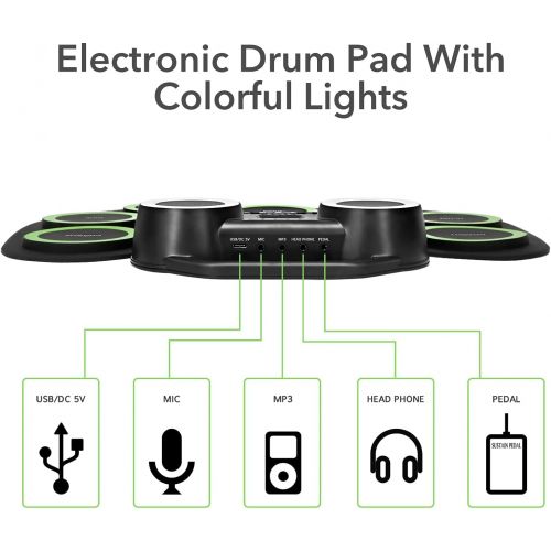  [아마존베스트]PAXCESS Electronic Drum Kit 9 Pads Roll-up Practice Drum Set With Colorful Lights for 8h Playing With Built-in Speaker, Headphone, USB MIDI Jack for Kids, Teens, and Adults Beginner, Best