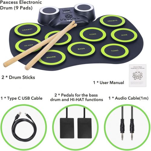  [아마존베스트]PAXCESS Electronic Drum Kit 9 Pads Roll-up Practice Drum Set With Colorful Lights for 8h Playing With Built-in Speaker, Headphone, USB MIDI Jack for Kids, Teens, and Adults Beginner, Best