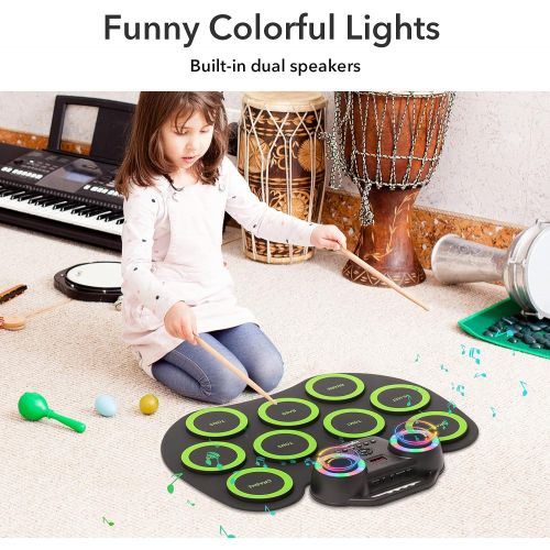  [아마존베스트]PAXCESS Electronic Drum Kit 9 Pads Roll-up Practice Drum Set With Colorful Lights for 8h Playing With Built-in Speaker, Headphone, USB MIDI Jack for Kids, Teens, and Adults Beginner, Best