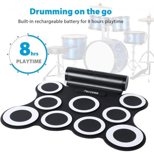  PAXCESS Electronic Drum Set, 9 Pads Electric Drum Set with Headphone Jack, Built in Speaker and Battery, Drum Stick, Foot Pedals Kids Drum Set for Practice Drum Starters, Beginners (Upgrad