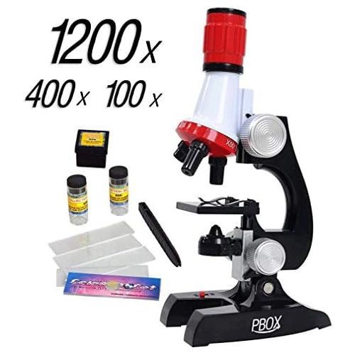  [아마존베스트]PBOX Science Kits for Kids Microscope Beginner Microscope Kit LED 100X, 400x, and 1200x Magnification Kids Science Toys,red