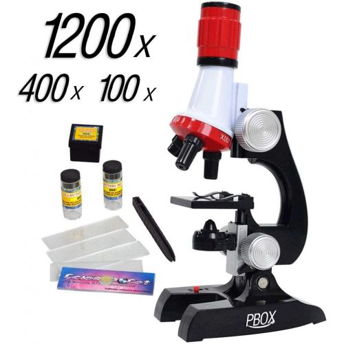  [아마존베스트]PBOX Science Kits for Kids Microscope Beginner Microscope Kit LED 100X, 400x, and 1200x Magnification Kids Science Toys,red