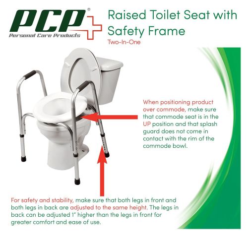  PCP Raised Toilet Seat and Safety Frame (Two-in-One), Adjustable Rise Height, Secure Elevated Lift Over Bowl, Made in USA