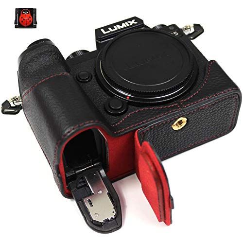 PCTC Lumix S5 Classic Genuine Real Leather(Black) Camera Case Bottom Opening Holder Grip for Panasonic Lumix S5 Full Frame Mirrorless Camera with Tripod Design, 1*Ladybug Hot Shoe Cover