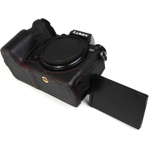  PCTC Lumix S5 Classic Genuine Real Leather(Black) Camera Case Bottom Opening Holder Grip for Panasonic Lumix S5 Full Frame Mirrorless Camera with Tripod Design, 1*Ladybug Hot Shoe Cover