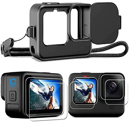  [9 PCS] PCTC Accessories Kit for GoPro Hero 9/ Hero10 Black, Silicone Sleeve Protective Soft Case with Lanyard + 6 pcs Tempered Glass Screen Lens Protector + Lens Cap Cover