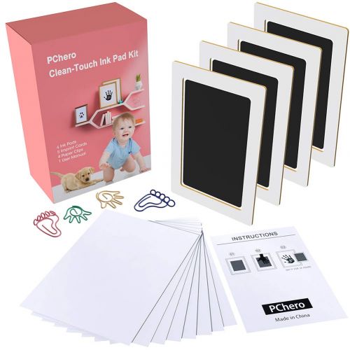  [아마존베스트]Baby Inkless Handprint and Footprint Kit with 4 Large Size Ink Pads and 8 Imprint Cards by PChero, Perfect for Family Keepsake Baby Shower Gift and Registry