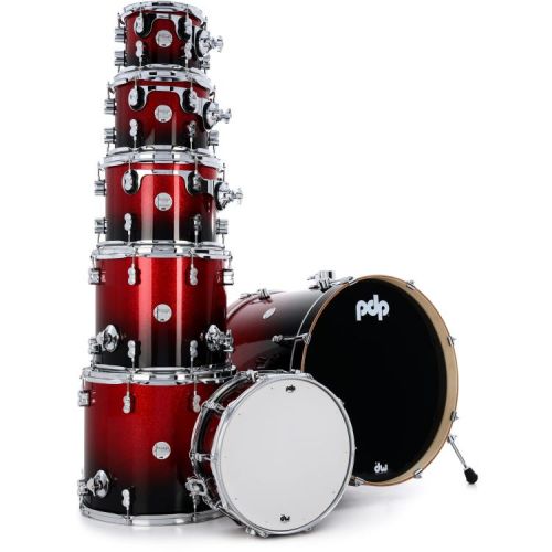  PDP Concept Maple 7-piece Shell Pack and Hardware Bundle - Red to Black Sparkle Fade