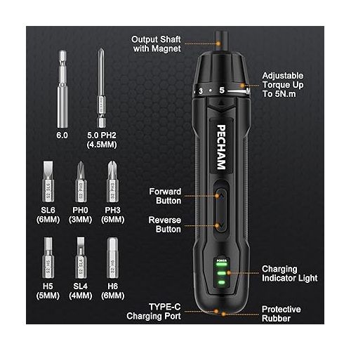  PECHAM Electric Screwdriver,350 RPM 3.6V, 5 Torque,5N.m 2000mAh, Cordless Screwdriver Set,TYPE-C Charging Cable,Manual & Electric,8 Pcs Bits for Electrical Repairs,Automatic Portable Power Screwdriver