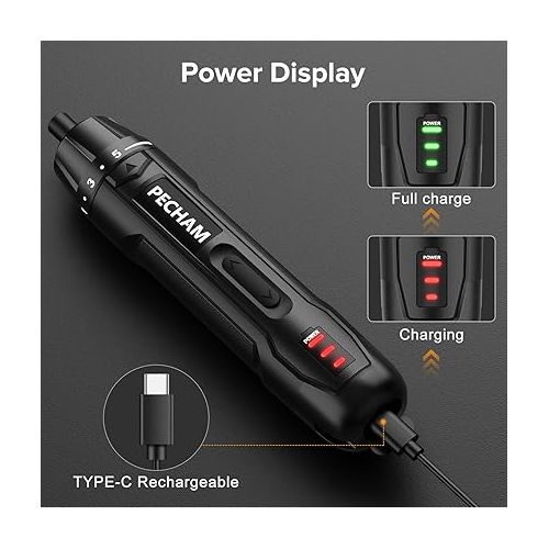  PECHAM Electric Screwdriver,350 RPM 3.6V, 5 Torque,5N.m 2000mAh, Cordless Screwdriver Set,TYPE-C Charging Cable,Manual & Electric,8 Pcs Bits for Electrical Repairs,Automatic Portable Power Screwdriver