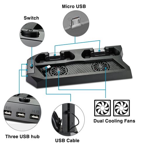  [아마존 핫딜]  [아마존핫딜]PECHAM Vertical Stand for PS4 Slim / PS4 with Cooling Fan, for Playstation 4/Slim Console, Dual Controller Charge Station, 3 HUB Port (Not for Pro)