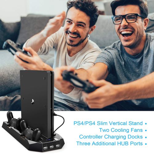  [아마존 핫딜]  [아마존핫딜]PECHAM Vertical Stand for PS4 Slim / PS4 with Cooling Fan, for Playstation 4/Slim Console, Dual Controller Charge Station, 3 HUB Port (Not for Pro)