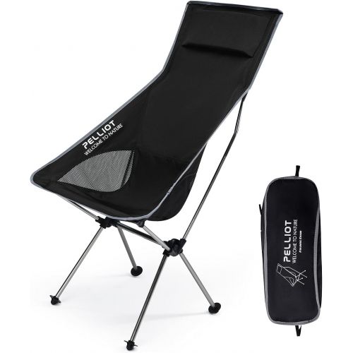  PELLIOT Ultralight High Back Compact Camping Folding Chair with Carry Bag Outdoor Travel Picnic Hiking Fishing, Supports 330 LBS (Black with Pillow)