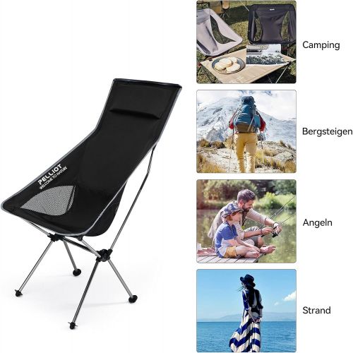  PELLIOT Ultralight High Back Compact Camping Folding Chair with Carry Bag Outdoor Travel Picnic Hiking Fishing, Supports 330 LBS (Black with Pillow)