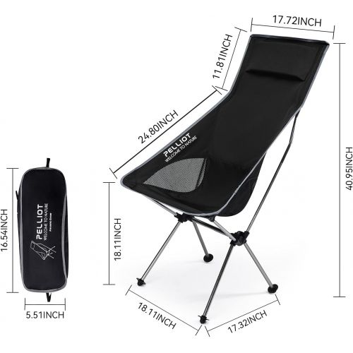  PELLIOT Ultralight High Back Compact Camping Folding Chair with Carry Bag Outdoor Travel Picnic Hiking Fishing, Supports 330 LBS (Black with Pillow)