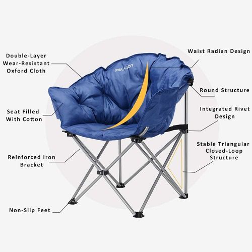  PELLIOT Folding Camping Chair Padded Moon Saucer Round Chair with Cup Holder and Carry Bag Supports Up to 300 lbs for Outdoor Camping Hiking Fishing