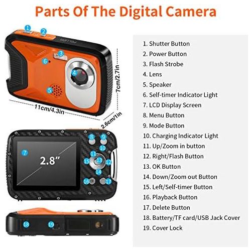  Pellor Waterproof Digital Camera 2.8 FHD 1080P 8.0MP CMOS Sensor 21MP Video Recorder Selfie DV Recording Underwater Camera Camerater for Snorkeling with 16G SD Card