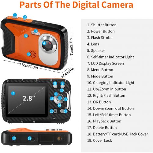  Pellor Waterproof Digital Camera 2.8 FHD 1080P 8.0MP CMOS Sensor 21MP Video Recorder Selfie DV Recording Underwater Camera Camerater for Snorkeling with 16G SD Card