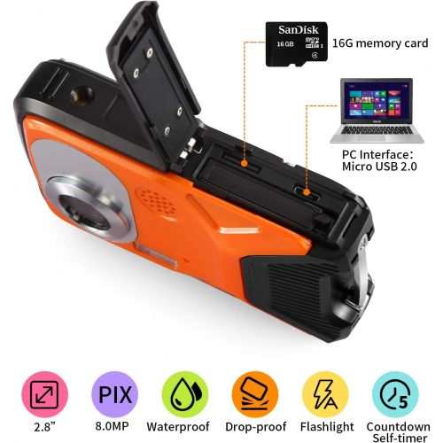  Pellor Waterproof Digital Camera 2.8 FHD 1080P 8.0MP CMOS Sensor 21MP Video Recorder Selfie DV Recording Underwater Camera Camerater for Snorkeling with 16G SD Card