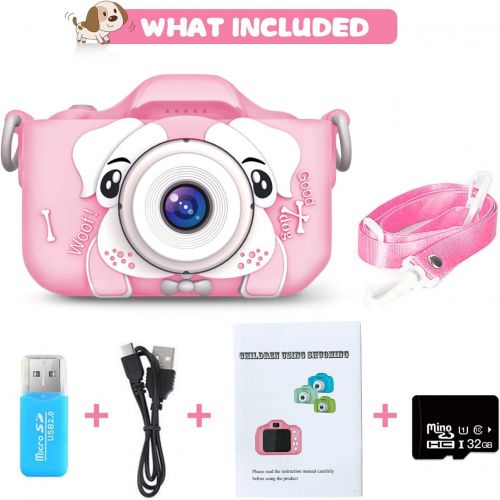  PELLOR Kids Camera Children Digital Camera for Girls Boys Anti Drop Children Selfie Cartoon 1080P HD Toy Camera 2 Inch Video Recorder with 32GB Memory Card (Pink)