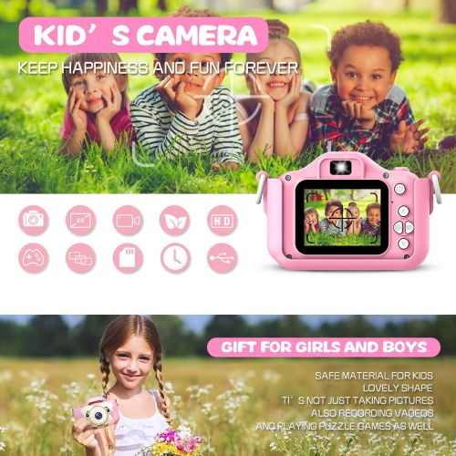  PELLOR Kids Camera Children Digital Camera for Girls Boys Anti Drop Children Selfie Cartoon 1080P HD Toy Camera 2 Inch Video Recorder with 32GB Memory Card (Pink)