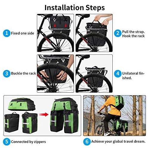  PELLOR Rear Bicycle Bag, 3 in 1 Pannier Bags MTB Bike Rack Bag with Rain Cover 70L Waterproof Detachable