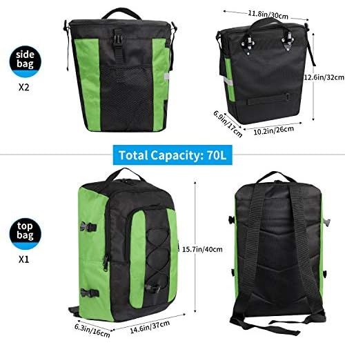  PELLOR Rear Bicycle Bag, 3 in 1 Pannier Bags MTB Bike Rack Bag with Rain Cover 70L Waterproof Detachable