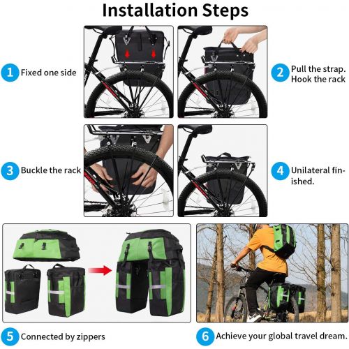  PELLOR Rear Bicycle Bag, 3 in 1 Pannier Bags MTB Bike Rack Bag with Rain Cover 70L Waterproof Detachable