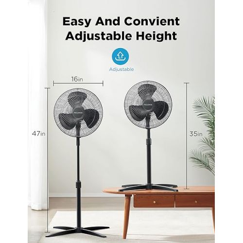  PELONIS Fan Portable 16 Inch Pedestal Fan| 3-Speed| 90° Oscillation| Adjustable Height| Standing Floor Fan for living room, bedroom, kitchen, and home office| Black, PFS40M2ABB